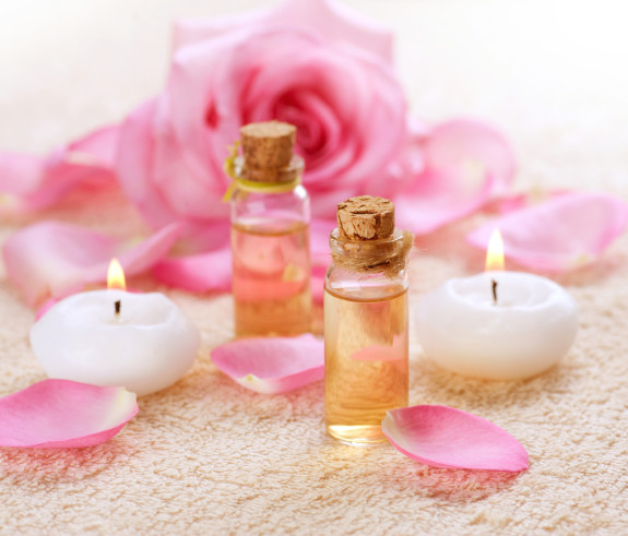 Bottles of Essential Oil for Aromatherapy. Rose Spa