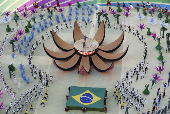 Claudia Leitte, Jennifer Lopez and Pitbull perform during the 2014 World Cup opening ceremony at the Corinthians arena in Sao Paulo