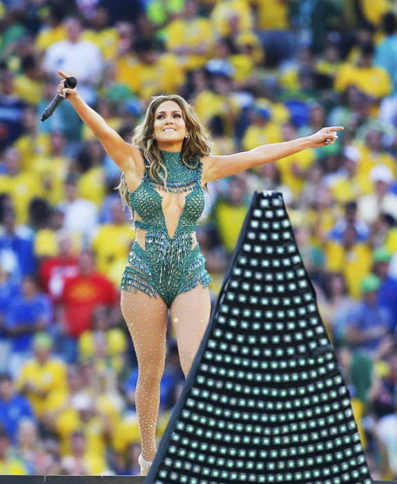 Singer Jennifer Lopez gestures as she performs during the opening ceremony of the 2014 World Cup at the Corinthians arena in Sao Paulo