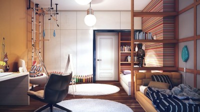 kids-jungle-gym-with-chic-round-fur-rug-and-colorful-pencil-wallpaper-pattern